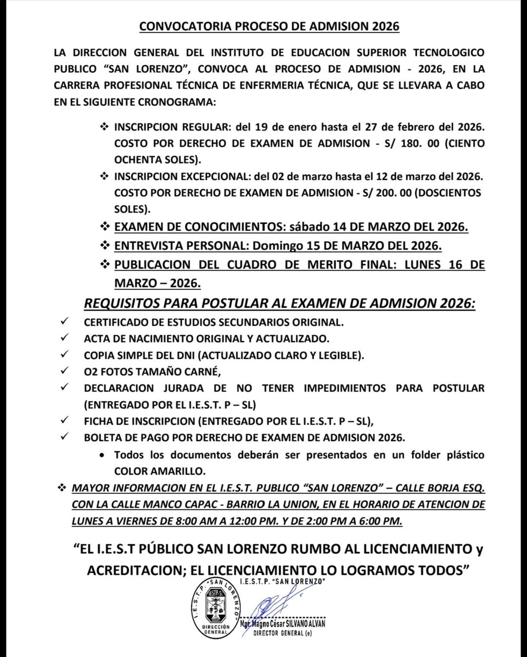 CONVOCATORIA PROCESO DE ADMISION 2026